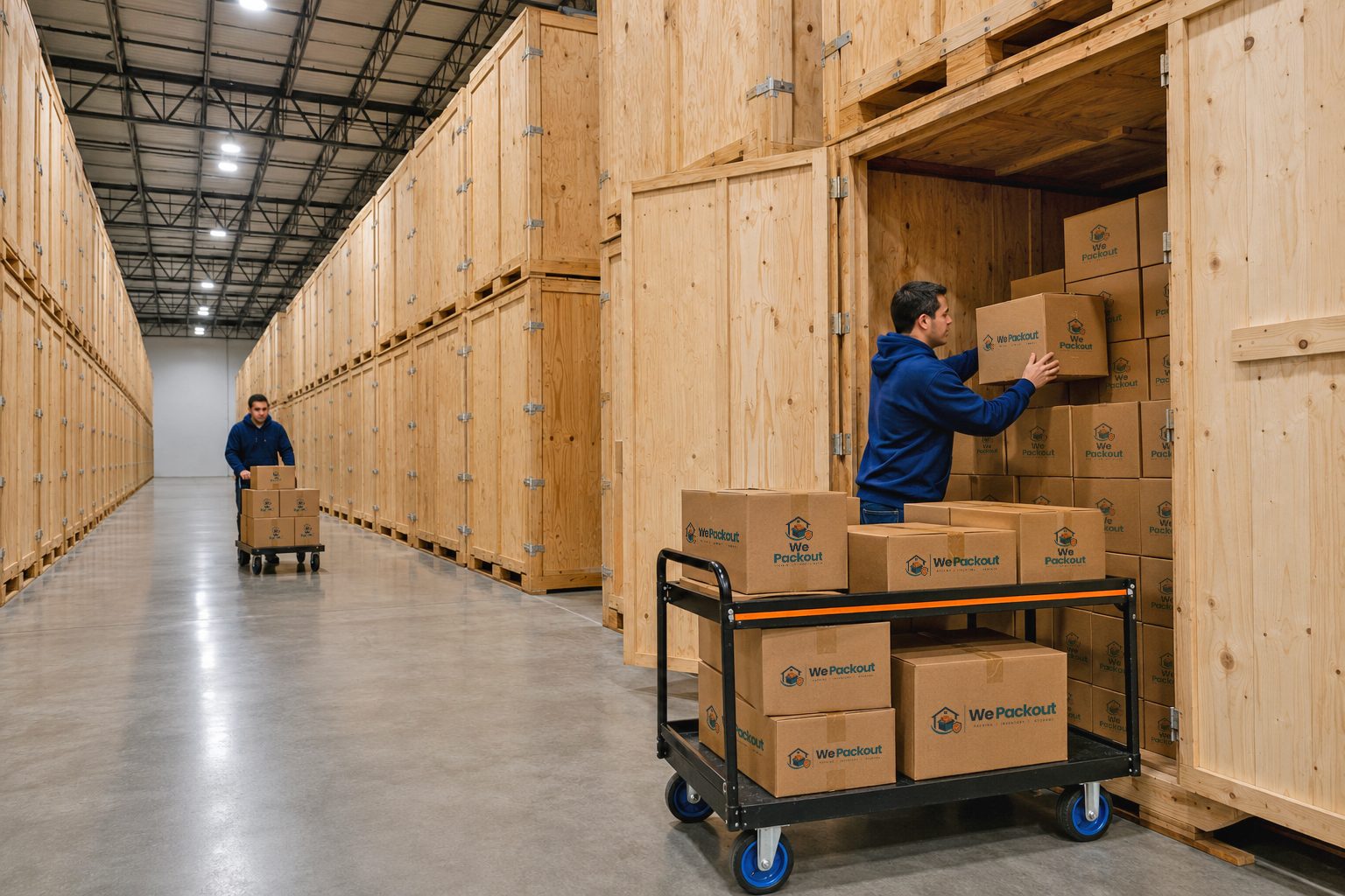 We Packout crew moving packed contents on a cart
